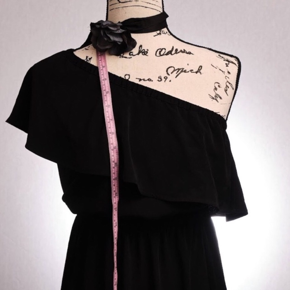 Express One Shoulder Black Mini Dress Ruffle Skater LBD Cocktail Wedding Guest - Picture 4 of 6